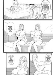 2girls annabelle_(jaw) breast_expansion breasts comic dialogue female female_only huge_breasts isabelle_(jaw) just-add-water99 monochrome original original_character