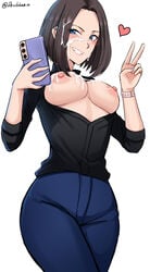 artist_name black_shirt blue_eyes blue_pants blush breasts brown_hair cum cum_on_breasts cum_on_hair devilukez facial female heart high_resolution holding_phone medium_breasts pants phone samsung samsung_sam smile tight_pants twitter_username v