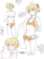 1boy aether_(genshin_impact) beach bikini blonde_hair bulge crossdressing drinking femboy feminization floaty flower_in_hair genshin_impact gold_eyes hair_bun hair_ornament long_hair male male_only solo thighs twink