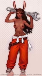 1girls abstract_background dark_skin full_body holding_object long_hair medium_breasts nipples orange_pants oversized_object pinup rabbit_ears sasha_khmel standing topless