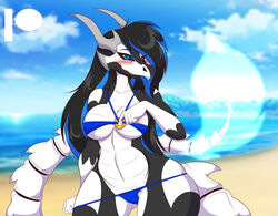 1girls anthro beach big_breasts bikini blue_eyes bone bone_tail breasts cameltoe dragon furry ilizz looking_at_viewer mastergodai panty_pull scalie skull_head solo swimsuit thick_thighs voluptuous wide_hips