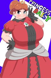 1girls alternate_breast_size alternate_costume bbw black_dress black_gloves blue_eyes blush braffy brown_hair character_name clothed clothing crown dress eyeshadow female female_only flower_earrings flower_on_chest grey_dress huge_breasts mario_(series) peace_sign ponytail posing princess_daisy red_dress simple_background slightly_chubby solo standing tied_hair voluptuous