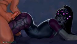 1boy 1girls arched_back blizzard_entertainment bodysuit clothed_female_nude_male eyewear_on_head faceless_male flexible long_hair overwatch overwatch_2 penis purple_skin skin_tight twinflame widowmaker