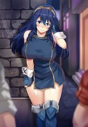 1girls alternate_breast_size bare_arms bare_thighs blue_eyes blue_hair clenched_teeth embarrassed fingerless_gloves fire_emblem fire_emblem_awakening gloves large_breasts long_hair looking_at_viewer lucina_(fire_emblem) maki_ikazuya makiikazuya night nintendo prostitution solo_female solo_focus symbol-shaped_pupils tiara