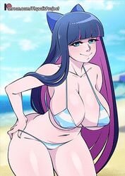 animated beach big_breasts blue_eyes blue_hair creamygravy cute hourglass_figure nipple_bulge panty_&_stocking_with_garterbelt physalis_project playful smile solo stocking_anarchy striped_bikini suggestive_pose suggestive_smile swinging_breasts thighs tummy