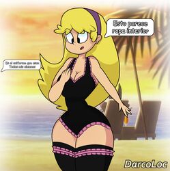 1girls beach big_breasts blonde_hair breasts carol_pingrey cleavage cloud curvy darcoloc dialogue español female female_only frill_trim frills hips hourglass_figure huge_breasts large_breasts leotard ocean orange_sky outdoors outside palm_tree sand sky small_waist spanish_text speech_bubble stockings sunset text the_loud_house thick thick_thighs thigh_highs thighhighs thighs thin_waist translation_request wide_hips