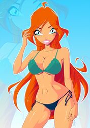 1girls bloom_(winx_club) blue_eyes bra breasts eyelashes eyeshadow lipstick long_hair looking_at_viewer makeup nipples panties red_hair shiny_skin swimsuit winx_club zfive