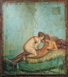 1boy 1girls ancient ancient_art ancient_rome ass bed bedroom big_ass big_butt brown_hair butt fine_art fresco handjob history indoors looking_at_partner lying lying_on_back nude nude_female nude_male prostitute prostitution straight straight_hair thick_thighs tied_hair topwear woman_on_top