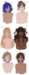 1boy 5girls ahoge areolae bags_under_eyes bare_shoulders big_lips blonde_hair blue_eyes blue_hair blush breasts brown_hair choker completely_nude dark_hair dark_skin embarrassed english_text fangs freckles glasses green_eyes hair_ribbon lacryboy light_skin lipstick long_hair looking_at_viewer medium_breasts medium_hair melanpsycholia messy_hair navel nipples nude open_mouth pink_eyes short_hair sleepy small_breasts smile tagme teacher text tomboy white_background yandere