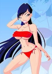 1girls bikini blue_hair bra breasts cleavage eyelashes eyeshadow lipstick long_hair looking_at_viewer makeup musa musa_(winx_club) panties purple_eyes shiny_skin solo swimsuit tall thin_waist wide_hips winx_club zfive