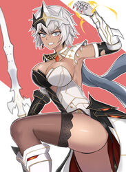 ass bikini_armor brulee cleavage dark_skin dat_ass epic7 female female_knight ilynav_(epic7) large_breasts looking_at_viewer magic short_hair silver_eyes skimpy_clothes smirk thong weapon white_hair