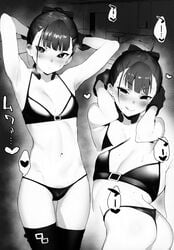 :q absurdres armpits ass bikini blush bow doujinshi fate/grand_order fate_(series) female flat_chest gloves greyscale hairbow half-closed_eyes halterneck hands_up heart helena_blavatsky_(fate) helena_blavatsky_(swimsuit_archer) highres jagayamatarawo licking_lips looking_at_viewer monochrome multiple_views navel ponytail scan smile stomach swimsuit thigh_gap thighhighs thong tongue tongue_out