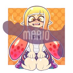 1boy 1girls animal_humanoid anthro balls big_penis cephalopod cephalopod_humanoid clothed clothing crossover female humanoid inkling inkling_girl kaikoinu kaori_(splatoon) long_hair male mario mario_(series) mask_(marking) nintendo orange_eyes orange_hair orange_inkling_girl partial_male penis penis_awe pointy_ears pseudo_hair simple_background sitting splatoon splatoon_(series) squid tentacle tentacle_hair testicles thick_thighs trembling white_border