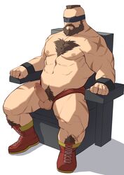 1boy abs absurdres bara beard blindfold bound bound_arms briefs capcom censored chest_hair erection facial_hair full_body highres large_pectorals male male_focus male_nipples male_only male_pubic_hair mature_male mohawk_(hairstyle) moustache muscular muscular_male navel nipples pectorals penis pubic_hair red_underwear ryker scar_on_arm scar_on_leg shoes short_hair sitting solo stomach street_fighter thick_thighs thighs underwear underwear_only zangief