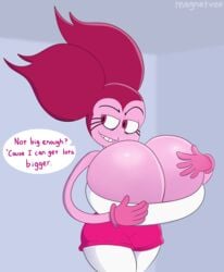 big_breasts boob_window breast_expansion breasts_bigger_than_head clothed clothing dialogue female female_only gem_(species) huge_breasts magnetvox no_bra pink_eyes pink_hair spinel_(steven_universe) steven_universe