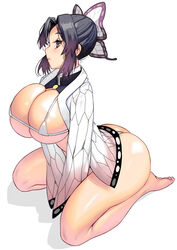 1girls ass big_ass big_breasts big_butt bikini breasts butterfly_hair_ornament demon_slayer favorite female hair_ribbon haori huge_breasts kimetsu_no_yaiba kochou_shinobu masao micro_bikini seiza shounen_jump solo thick_ass thick_thighs voluptuous wariza white_background white_bikini