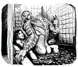 1boy 1boy1girl 1girls amphibian_humanoid amphibian_man bathroom bathtub canon_couple elisa_esposito hetero heterosexual humanoid indoors interspecies monochrome sex straight the_amphibian_man the_shape_of_water tile_wall