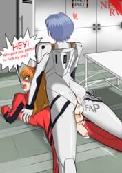 2futas anal asuka_langley_sohryu balls balls_touching blue_hair blush bodysuit clothed_sex clothing cum full-package_futanari futa_on_futa futanari human intersex light-skinned_futanari light_skin long_hair lumu neon_genesis_evangelion nerv orange_hair pilot_suit plugsuit rei_ayanami short_hair torn_clothes