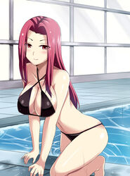 10s alluring bare_shoulders bikini breasts cleavage female getting_out_of_pool huge_breasts indoors long_hair nishida_megane pool purple_eyes purple_hair sakaki_ryouko shokugeki_no_souma solo swimming_pool swimsuit that_pool thighs voluptuous water wet