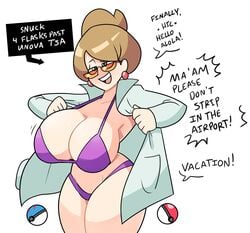 1girls alternate_breast_size aurea_juniper big_breasts bikini bikini_under_clothes drunk female female_focus female_only glasses great_ball hiccuping hourglass_figure huge_breasts large_breasts milf nintendo poke_ball pokemon pokemon_bw pokemon_professor speech_bubble superspoe swimsuit text thick_thighs undressing