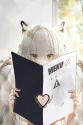 1girls accidental_exposure animal_ears arknights big_breasts blush breast_focus breasts chair chinese_text english_text female female_only green_eyes heart holding kal'tsit_(arknights) menu omone_hokoma_agm sitting solo solo_female tagme text white_hair window