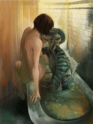 1girls 1male 1monster amphibian amphibian_man ass bathroom bathtub canon_couple coeykuhn elisa_esposito human humanoid interspecies kissing straight teratophilia the_amphibian_man the_shape_of_water xxxenokun