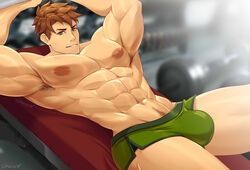 1boy abs alex_(stardew_valley) armpit_hair armpits bench_press brown_hair bulge crotch_focus erection_under_clothes gasaiv green_eyes gym gym_shorts laying_on_back male male_nipples male_only muscles muscular muscular_arms muscular_legs muscular_male muscular_thighs nipples pecs smirk solo solo_male stardew_valley