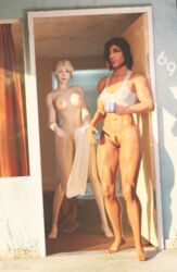 2girls 3d abs blizzard_entertainment bottomless casual_nudity coffee_mug dark-skinned_female dark_skin female fit_female landing_strip magisteriumart mercy muscular muscular_female naked outside overwatch pharah pubic_hair smiling sunlight tank_top tanktop tanline