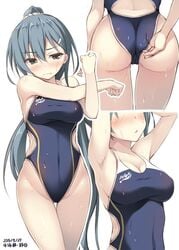 10s 2015 adjusting_clothes adjusting_swimsuit armpits arms_up ass breasts bubble_butt butt cameltoe character_name cleavage competition_swimsuit dat_ass dated female green_eyes green_hair hair_ornament hairclip head_out_of_frame highleg highleg_swimsuit kantai_collection leaning_forward long_hair multiple_views one-piece_swimsuit ponytail standing stretch suzuya_(kantai_collection) swimsuit xe_(execut3r)