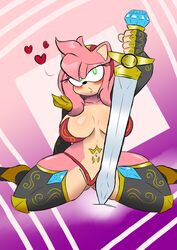 2021 amy_rose anthro armor bikini_armor blush breasts clothed clothing eulipotyphlan female gloves handwear heart hedgehog hi_res jayshark legwear looking_at_viewer mammal melee_weapon simple_background skimpy skimpy_armor solo sonic_(series) spread_legs spreading sword thick_thighs thigh_highs thong unconvincing_armor underwear weapon wide_hips