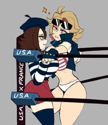 american_flag american_flag_bikini aroused big_breasts blue_hair blush blushing boxing_ring bra brown_hair catfight conniesky3 country_inc_(yuric_inc) drool drooling eyewear_on_head female/female fighting_ring france france_(yuric_inc) glasses jacket kissing lesbian making_out nervous oc panties pinned saliva skirt smirk smug sunglasses_on_head swimsuit tan_hair thick_thighs thighhighs thighs united_states_of_america usa_(yuric_inc) yuri yuric_inc