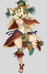 aztec blonde_hair breasts fate_(series) headdress large_areolae large_breasts no_bra no_panties on_one_leg one_breast_out open_toe_shoes overskirt quetzalcoatl_(fate) shawl skrats tagme