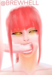 1girls bangs big_penis blowjob brewhell chainsaw_man cheek_bulge fellatio heart-shaped_pupils makima_(chainsaw_man) oral penis penis_in_cheek penis_in_mouth red_hair spiral_eyes teeth unusual_pupils white_background yellow_eyes