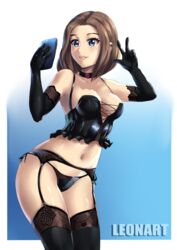 1girls beauty_mark blue_eyes breasts brown_hair cellphone cleavage curvy_figure female garter_belt garter_straps gloves leonart lingerie peace_sign samsung samsung_sam selfie short_hair smile solo standing stockings thick_thighs thighhighs