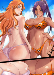 2girls big_breasts bikini bleach breasts comic dark-skinned_female dark_skin doujinshi female female_only haikawa_hemlen large_breasts matsumoto_rangiku multiple_girls orange_hair purple_hair shihouin_yoruichi swimsuit