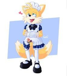 ahe_gao anthro blue_eyes blush bodily_fluids canid canine clothed clothing crossdressing crown embarrassed exhibitionism femboy footwear fox fur genital_fluids genitals gloves goms handwear heart hi_res legwear looking_away looking_pleasured maid_uniform male male/male male_only mammal open_mouth penis precum ribbons saliva shoes simple_background smile solo sonic_(series) standing stockings sweat sweatdrop tails tails_(disambiguation) tiara uniform white_background yellow_body young