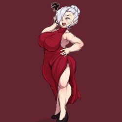 annoyed big_ass big_breasts blue_eyes cellphone hary96 red_dress rwby shortstack shortstacked shortstackified thick_thighs white_hair winter_schnee