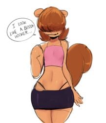 1boy blush brown_fur brown_hair bulge ear femboy fur hair hair_covering_eyes male male_only peculiart pink_shirt short_shirt short_shorts shorts solo speech_bubble squirrel squirrel_ears squirrel_tail stacy_(peculiart) tail text thong white_background wide_hips