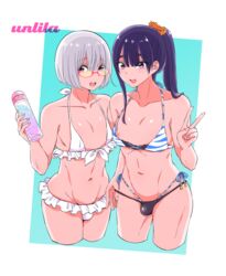 2boys androgynous belly belly_button bikini crossdressing crossplay feet_out_of_frame femboy girly looking_over_eyewear looking_over_glasses looking_over_sunglasses nagano_rira nipples shinjou_akane_(cosplay) simple_background ssss.gridman sunglasses takarada_rikka_(cosplay) tinted_eyewear trap yellow-tinted_eyewear