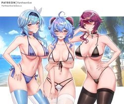 3girls beach bikini breasts busty cameltoe choker cleavage curvaceous curvy eula_(genshin_impact) female female_only ganyu_(genshin_impact) genshin_impact hand_on_hip hi_res horn large_breasts looking_at_viewer nun pantheon_eve rosaria_(genshin_impact) smile swimwear thighhighs underboob voluptuous