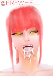 1girls bangs brewhell chainsaw_man cum cum_drip cum_in_mouth cum_on_face cum_on_tongue heart-shaped_pupils makima_(chainsaw_man) red_hair spiral_eyes teeth tongue tongue_out unusual_pupils white_background yellow_eyes