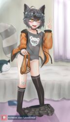 bandaid blush choker detailed_background ear_piercing female female_only gray_hair hairclip half-dressed heart-shaped_pupils indie_virtual_youtuber jacket kneehighs kneesocks lewd_syrup lewdsyrup orange_eyes panties peace_sign pokemon pokemon_(species) raccoon racoon_ears racoon_girl racoon_tail skirt snorlax snuffy socks solo solo_female solo_focus teasing tongue tongue_out virtual_youtuber