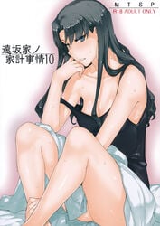 absurdres artist_name bare_shoulders black_hair blue_eyes blush breasts cleavage cover cover_page doujin_cover fate/stay_night fate_(series) feet_out_of_frame female green_eyes grey_hair highres jin_(mitosupa) long_hair looking_at_viewer no_bra parted_lips photoshop_(medium) pussy_juice scan sitting solo spaghetti_strap strap_slip sweat teeth tohsaka_rin