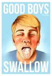 1boy 2020 blonde_hair cum cum_drinking cum_drip cum_dripping cum_in_mouth cum_on_face cum_swallow cum_swallowing cumshot gay good_boy male_only malesub open_mouth poster propaganda pupsquirt short_hair teaching training