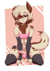 :3 anthro armwear black_legwear brown_fur canine choker clothing crop_top domestic_dog erection femboy girly kneeling looking_at_viewer panties penis re-sublimity-kun spotted_fur thighhighs white_fur