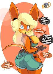 anthro ass big_ass big_breasts big_butt big_ears blonde blonde_hair blue_eyes bottom_heavy breasts bubble_butt crop_top dialogue fat_ass fat_butt female female_only fingerless_gloves inkit89 jak_and_daxter lipstick long_hair looking_at_viewer naughty_dog offscreen_character orange_body orange_fur ottsel pink_nose shorts speech_bubble tess_(jak_and_daxter) tess_(ottsel;_jak_and_daxter) thick_ass thick_thighs thin_tail wide_hips