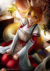 1boy 1boy1girl 1girls axsens big_tail clothed clothing cute cute_face female fluffy_tail fox fox_ears fox_girl fox_tail fully_clothed ginger_hair good_girl hair_ornament hand_on_head headpat kemonomimi kimono kitsune kitsunemimi looking_at_partner male robe senko_(sewayaki_kitsune_no_senko-san) sewayaki_kitsune_no_senko-san short_hair sitting smile tail yellow_eyes yellow_hair