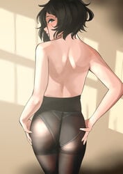 ass back black_hair blue_eyes butt fringe hair_over_one_eye heterochromia kamura_(rain_prophet) looking_at_viewer looking_back mole mole_on_ass pale-skinned_female pantyhose petite presenting_ass rain_prophet seductive_look short_hair spine thighs