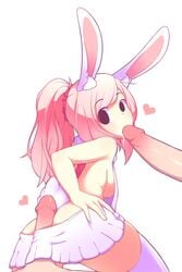 <3 1girls 2boys ass bunny_ears bunny_tail buttjob covered_buttjob fellatio female fiz fizintine gangbang hand_on_ass long_hair looking_back male original penis pink_hair ponytail short_skirt sideboob simple_background thighhighs white_background white_stockings