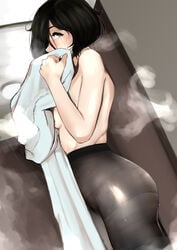 absurdres ass big_ass black_eyes black_hair black_legwear blue_eyes blush breasts bubble_butt butt female fringe hair_over_one_eye heterochromia highres huge_ass huge_filesize kamura_(rain_prophet) looking_at_viewer medium_breasts original pale-skinned_female pantyhose petite rain_prophet seductive_look see-through short_hair shy sideboob solo steam thick_thighs thighband_pantyhose topless towel wet wet_clothes